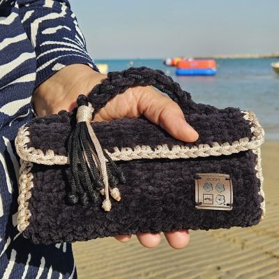 شنطة يد مكرمية خيط قطن قطيفة اسود 