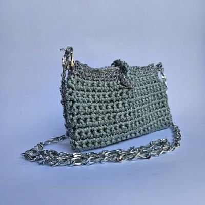 Clutch macrame silver and light blue polyester cord
