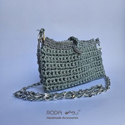 Clutch macrame silver and light blue polyester cord