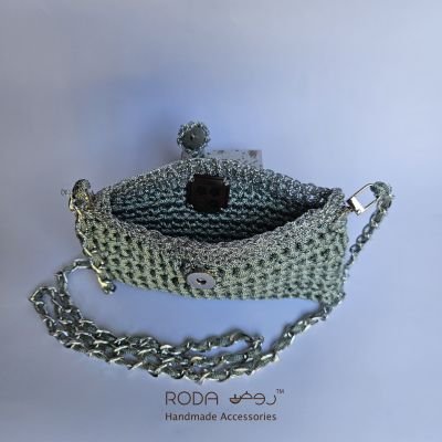 Clutch macrame silver and light blue polyester cord
