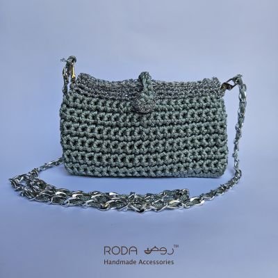 Clutch macrame silver and light blue polyester cord