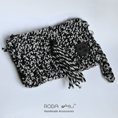 Black and white crochet clutch