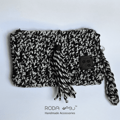 Black and white crochet clutch