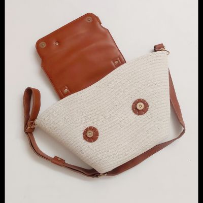  Cotton rope eco-friendly cross body bag with leather off-white 