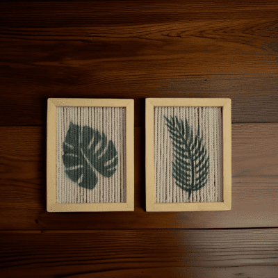 Handmade wooden frame with macrame strings 