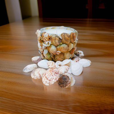 Decorated Candle jar with seashells 
