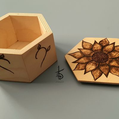 Sunflower - Hand-Burned Hexagon Wooden Box