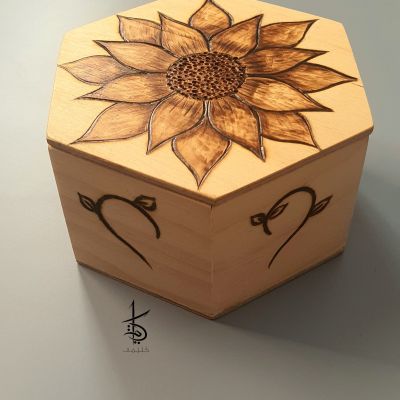 Sunflower - Hand-Burned Hexagon Wooden Box