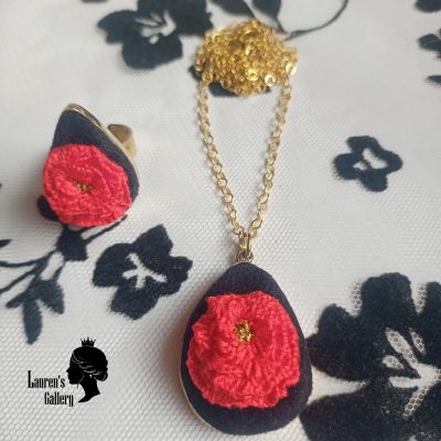 Embroidered Copper Necklace and Ring