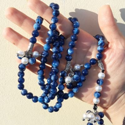 Rosary 99 beads, navy blue with a tulle