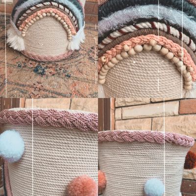 Basket with macrame threads