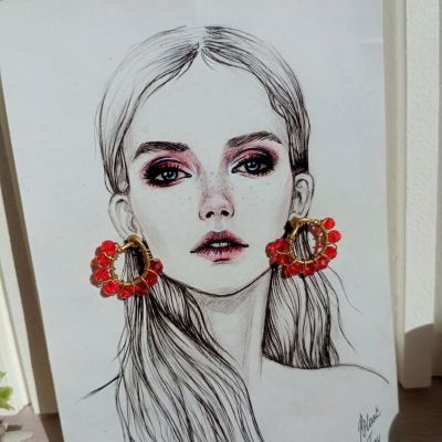 Copper earring with red crystal beads