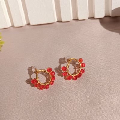 Copper earring with red crystal beads