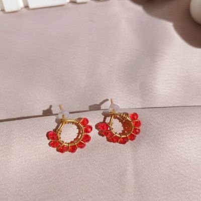 Copper earring with red crystal beads