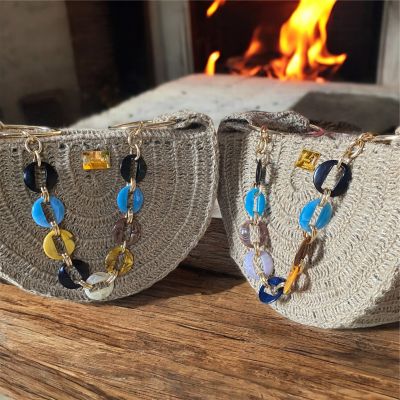 شنطة هاندميد كروشيه جديدة نص دائرة من الخيش او الرافيا المستوردة