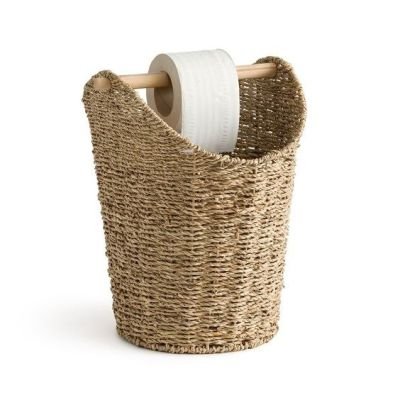 سلة مناديل حمام فاخرة مع عصا خشبية - مصنوعة يدويًا من نبات الحلفا الطبيعي - تصميم بوهيمي عصري