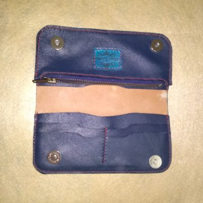 Navy blue wallet, genuine leather, hand-painted