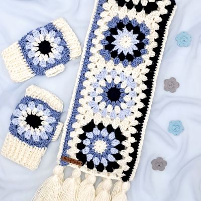 كوفية وجوانتى كروشية بمربعات جرانى 