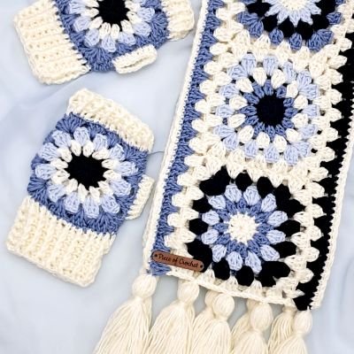 كوفية وجوانتى كروشية بمربعات جرانى 