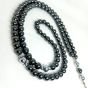 A 99-bead prayer necklace made from hematite stones.